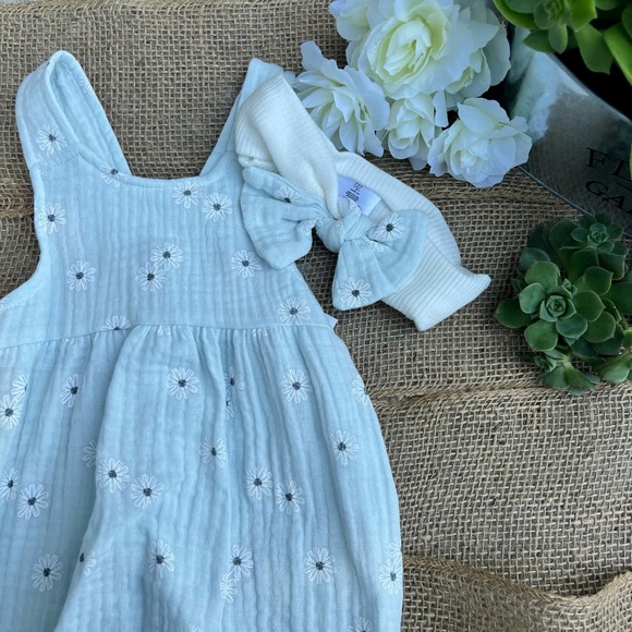 Rachel Zoe baby romper/overalls cotton boho baby blue 3/6 mos NEW W/ tags - Picture 1 of 10